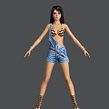 Woman in striped bikini top and denim overalls shorts with belt and bracelets
