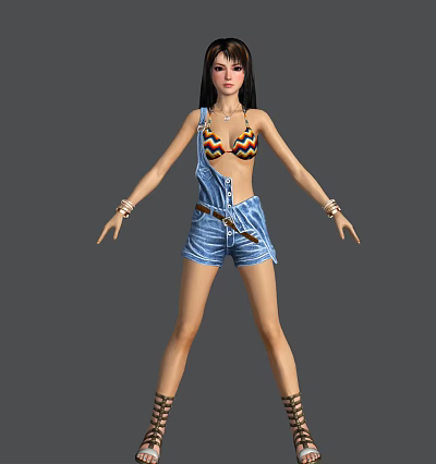 Woman in striped bikini top and denim overalls shorts with belt and bracelets 3d model