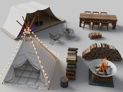 Outdoor Camping Furniture Set Including Tent Dining Table Chairs Fire Pit and Firewood 3d model