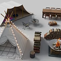 Outdoor Camping Furniture Set Including Tent Dining Table Chairs Fire Pit and Firewood