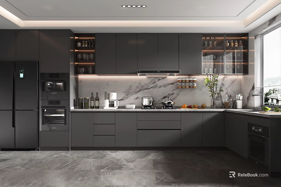 Modern Kitchen Interior With Dark Cabinets Marble Countertop Stainless Steel Appliances And Glass Door Cabinets 3d model 