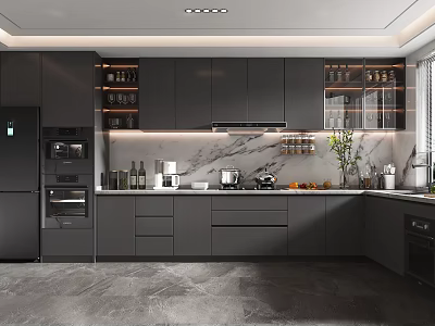 Modern Kitchen Interior With Dark Cabinets Marble Countertop Stainless Steel Appliances And Glass Door Cabinets 3d model