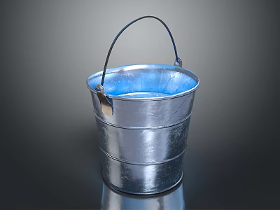 Silver Metal Household Bucket With Black Handle And Blue Liquid Inside 3d model