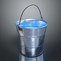 Silver Metal Household Bucket With Black Handle And Blue Liquid Inside