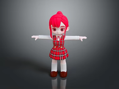 Cute Child With Red Hair Wearing Red Plaid Dress White Socks Brown Shoes Arms Outstretched 3d model