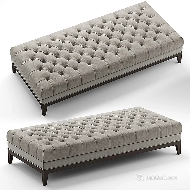 Light Gray Tufted Upholstered Ottoman With Dark Wooden Legs Modern Style 3d model 