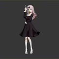 Anime Game Character With Pink White Hair Dark Dress White Socks Raised Finger Pose