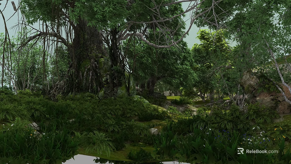 Beautiful Lush Tropical Forest Scenery With Giant Ancient Banyan Trees And Dense Green Vegetation 3d model 