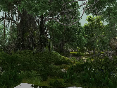 Beautiful Lush Tropical Forest Scenery With Giant Ancient Banyan Trees And Dense Green Vegetation 3d model