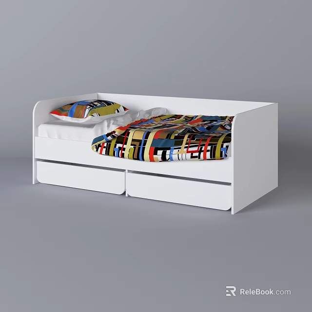 White Children's Bed With Storage Drawers And Colorful Bedding Design 3d model 