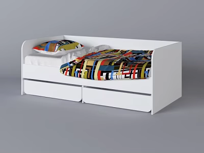 White Children's Bed With Storage Drawers And Colorful Bedding Design 3d model