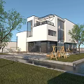 Modern Detached Villa With Large Glass Windows White Dark Exterior Lawn And Trees