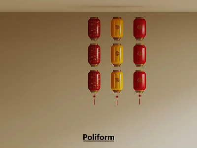 Traditional Red And Yellow Chinese Lanterns Hanging On Light Wall Poliform 3d model