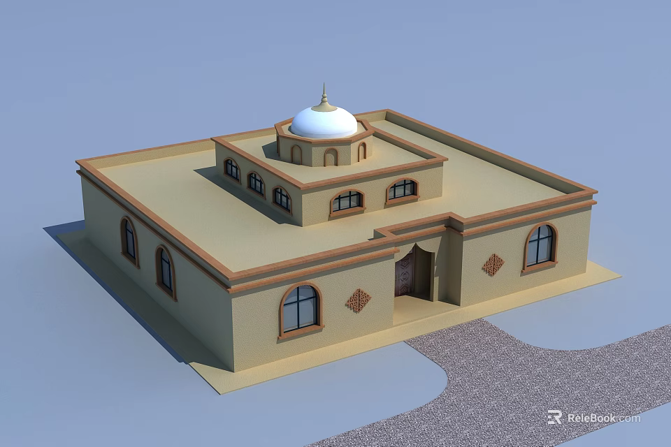 Traditional Building Featuring White Dome Light Colored Exterior Arched Windows And Decorative Patterns 3d model 