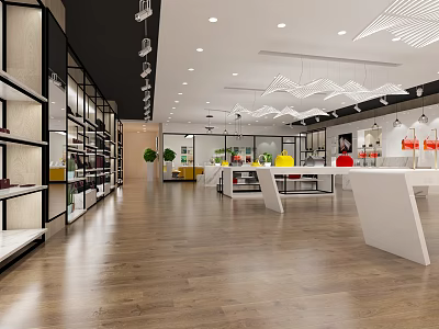 Modern Retail Store Interior with Display Shelves White Tables and Bright Lighting 3d model