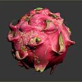 Fresh Pink Dragon Fruit with Green Leafy Tips and Textured Skin on Dark Reflective Background