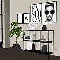 Modern Shelf With Sculpture Books Vase Handbag In Living Room With Artwork And Green Plant