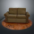 Brown Leather Sofa With Armrests On Vintage Orange Rug For Living Room