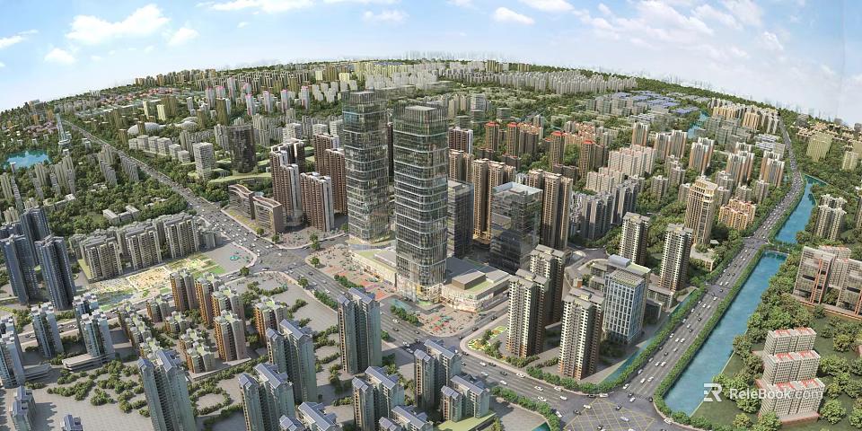 Aerial View Urban Planning With High Rise Buildings Road Network And Urban Layout 3d model 