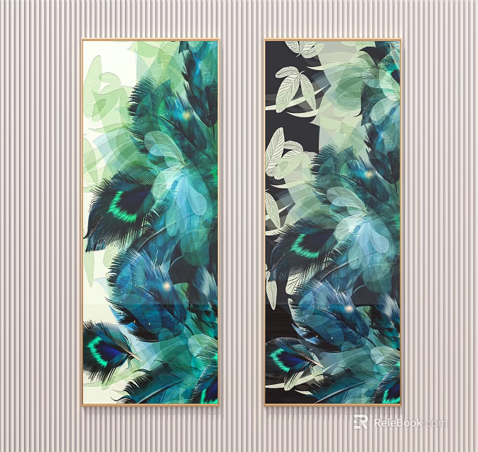 Vertical Decorative Paintings With Blue Green Feather Art Patterns For Walls 3d model 