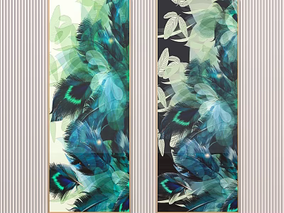 Vertical Decorative Paintings With Blue Green Feather Art Patterns For Walls 3d model