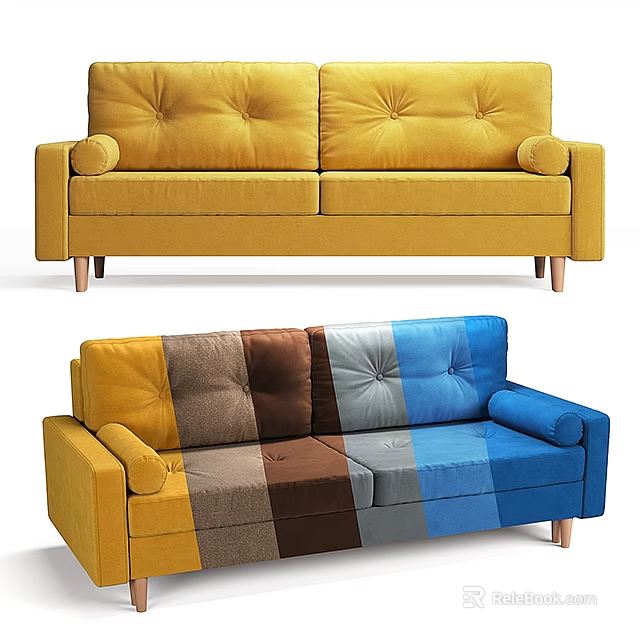 Yellow and Color Block Two Seater Sofas with Button Tufted Design and Wooden Legs 3d model 