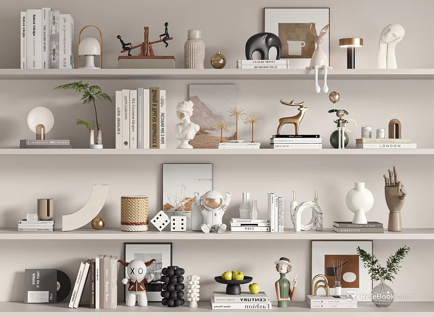 Decorative Ornament Set on Multi Layered Shelves with Books Vases Sculptures and Green Plants 3d model 