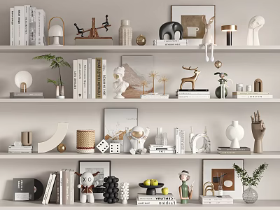 Decorative Ornament Set on Multi Layered Shelves with Books Vases Sculptures and Green Plants 3d model