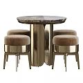 Modern Round Marble Top Table with Metal Frame and Brown Padded Stools 3d model