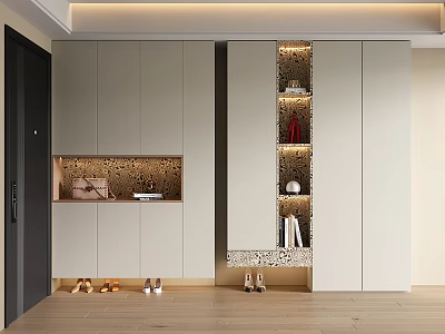 Modern Built in Shoe Cabinet With Decorative Panel Open Shelves And Shoe Storage 3d model