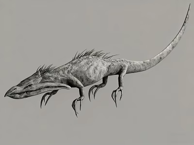 Reptile Lizard With Spiky Back Long Tail And Sharp Claws On Gray Background 3d model