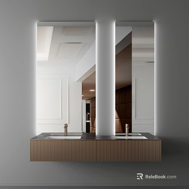 Modern Bathroom Vanity With Double Sink Wooden Cabinet Marble Countertop And Large Mirror 3d model 