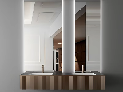 Modern Bathroom Vanity With Double Sink Wooden Cabinet Marble Countertop And Large Mirror 3d model