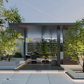 Modern Garden Landscape With Outdoor Sofa Fire Pit Umbrella And Lush Trees