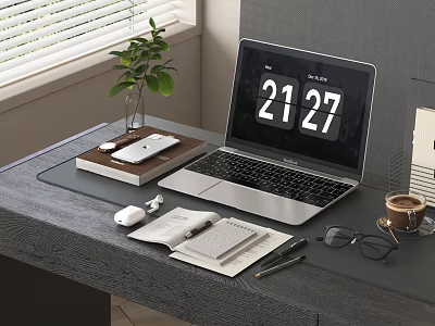 Modern Laptop Desktop Setup With Mouse Phone Notebook Coffee Cup And Green Plant 3d model