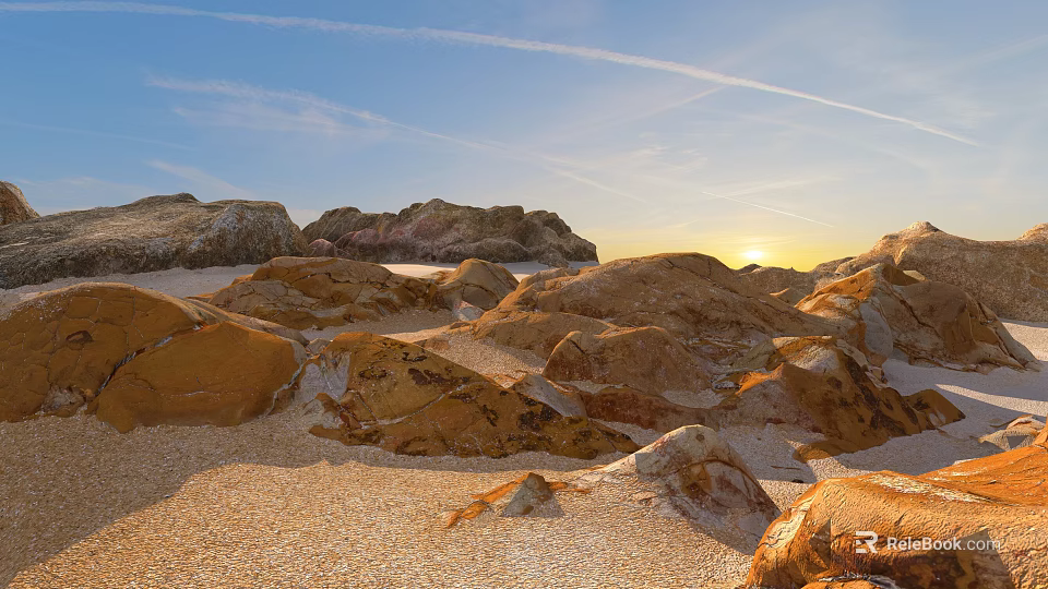 Spectacular Coastal Landscape With Rocky Terrain Golden Sand And Setting Sun 3d model 