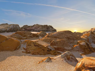 Spectacular Coastal Landscape With Rocky Terrain Golden Sand And Setting Sun 3d model