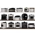 Various Styles of Modern Kitchen Appliances Displayed on Wooden Shelves