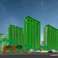 Multiple Modern High Rise Residential Buildings Along Tree Lined Street With Cars And Pedestrians
