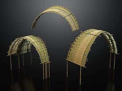 Green Woven Arched Structures as Scene Components with Grid Pattern and Support Legs 3d model