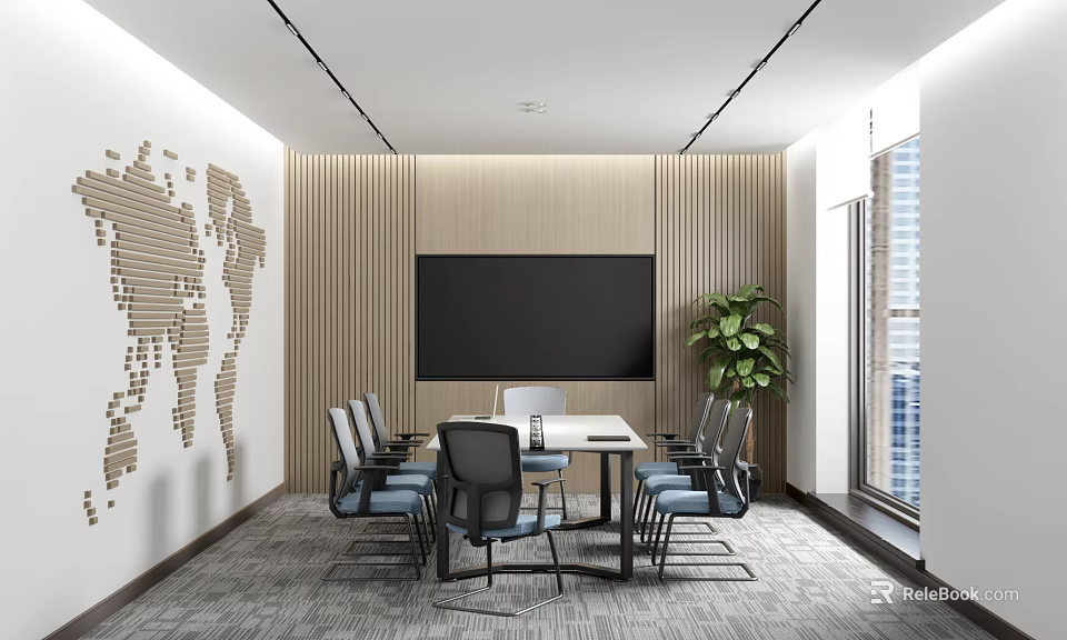 Modern Conference Room Interior With Long Table Wooden Slat Wall Black Screen And Green Plant 3d model 