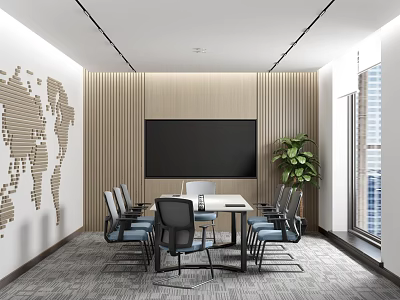 Modern Conference Room Interior With Long Table Wooden Slat Wall Black Screen And Green Plant 3d model