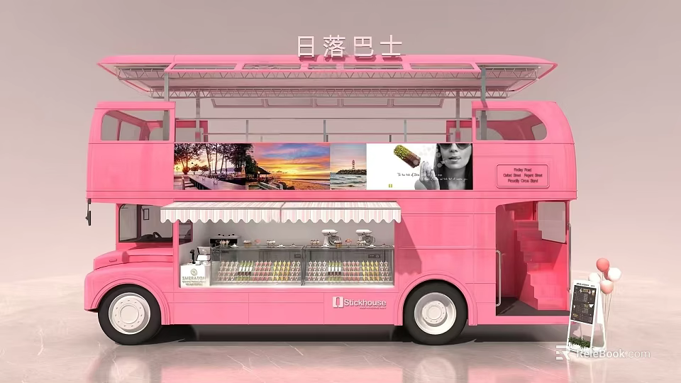 Pink Double Decker Food Bus With Ice Cream Display And Scenic Viewing Area 3d model 