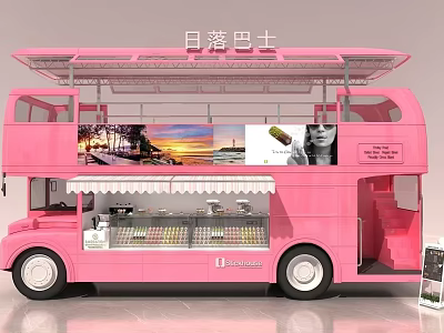 Pink Double Decker Food Bus With Ice Cream Display And Scenic Viewing Area 3d model
