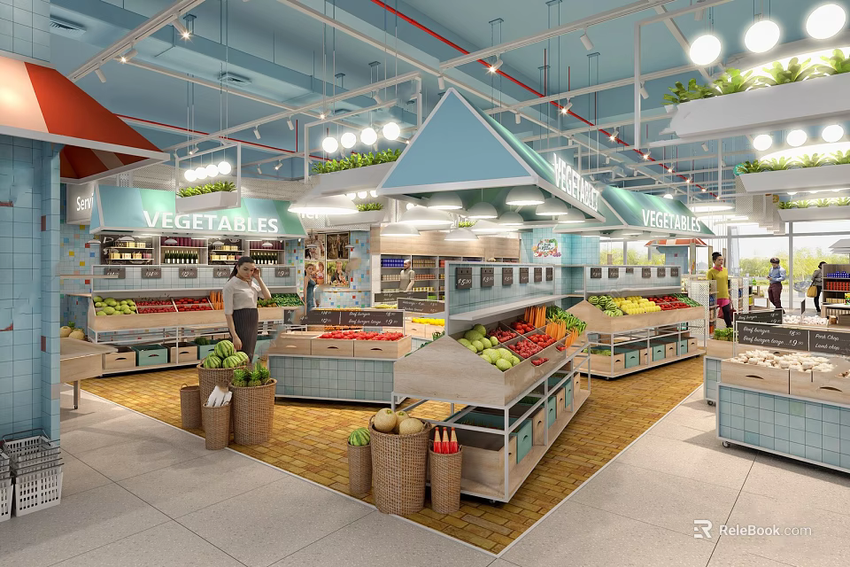 Supermarket Department Store Interior With Fresh Produce Shelves Customers Bright Lighting Display Areas 3d model 