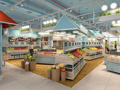 Supermarket Department Store Interior With Fresh Produce Shelves Customers Bright Lighting Display Areas 3d model