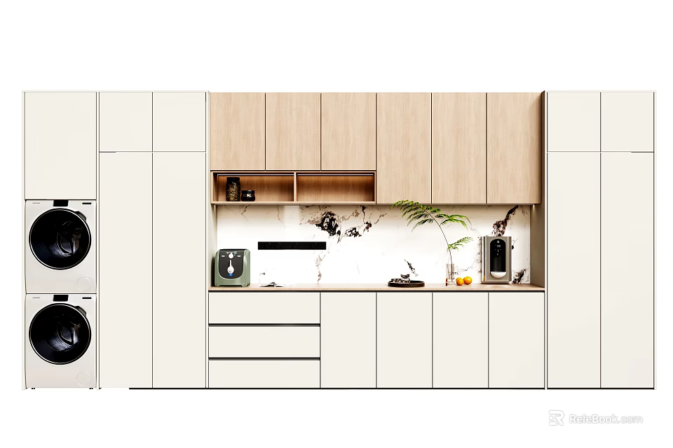 Modern Laundry Room Design With Built In Washing Machines And Wooden Cabinets 3d model 