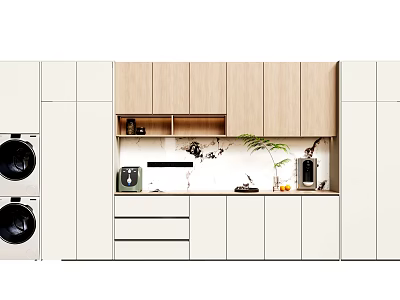 Modern Laundry Room Design With Built In Washing Machines And Wooden Cabinets 3d model