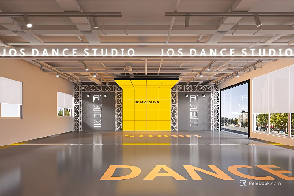 Spacious Modern Dance Studio Interior With Mirrors Barres And Yellow Backdrop For Fitness Workouts 3d model 
