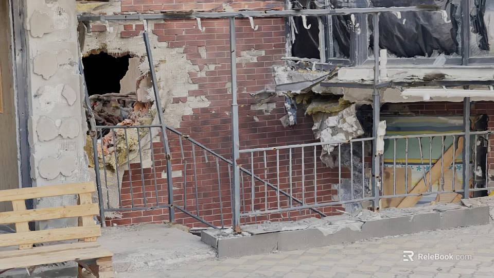 Red Brick Building Demolition Site With Damaged Walls Scaffolding And Debris 3d model 